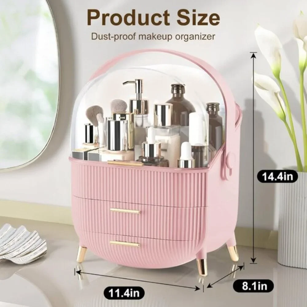 New Makeup Organizer with Lid & Drawers, Skincare & Cosmetic Storage in Pink
